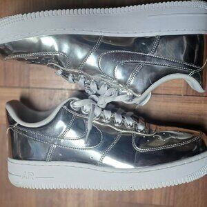 used Women's SIZE 12 Air Force 1 SP 'Liquid Metal - Chrome. metallic cut on left
